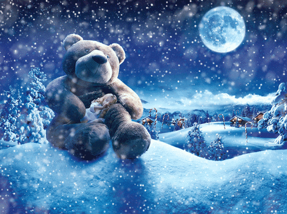 Hình ảnh động 3D chú gấu bông ngoài trời mưa tuyết
